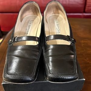 Black loafers by Via Spiga, made in Italy, gently used, size 6.5, fits like 7